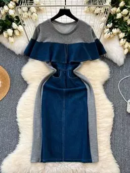 Элегантное лоскутное платье трапециевидной формы с высокой талией, облегающее винтажное корейское платье с оборками, Vestidos, новое модное женское платье из двух предметов M серый