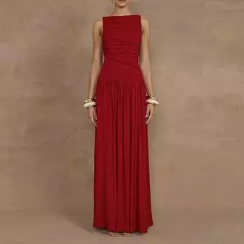 Элегантное Макси-платье без рукавов для женщин Модное Однотонное Платье-майка с вырезом-лодочкой Женское Сексуальное Длинное платье с драпировкой Новое Платье S красный