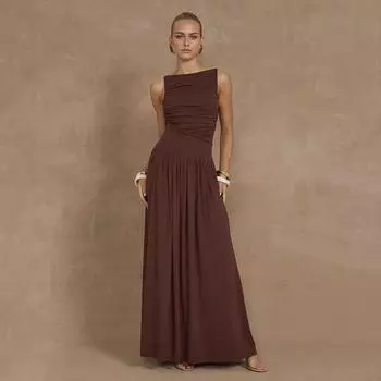 Элегантное макси-платье без рукавов для женщин, модные однотонные платья-майки с вырезом-лодочкой, женское сексуальное длинное платье с рюшами, новое платье XL красный