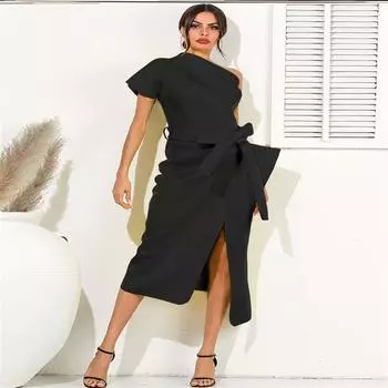 Элегантное миди-платье на одно плечо с разрезом - Европейская и американская летняя коллекция 2022 L чёрный
