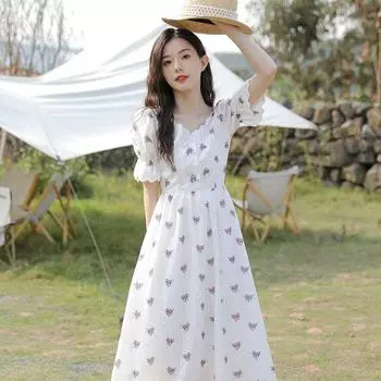 Элегантное милое цветочное платье женское корейское художественное белое макси платье L светло-фиолетовый