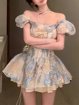 Элегантное милое новое платье с квадратным вырезом, женское вечернее мини-платье с сказочным бантом, женское модное пляжное платье с короткими рукавами и принтом в стиле бохо, летнее платье S синий