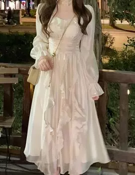 Элегантное милое платье феи, женское весенне-летнее платье миди с длинными рукавами, корейское винтажное однотонное платье с высокой талией S бежевый