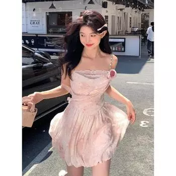 Элегантное мини-платье без рукавов на бретелях, женское кружевное платье в пляжном стиле, даже вечерние, лето 2024, винтажное цельное платье, корейская мода S розовый