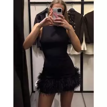 Элегантное мини-платье для женщин, свободное круглое платье с лоскутным принтом и перьями, без рукавов, женское модное платье 2024 года, однотонные вечерние шикарные вечерние платья S