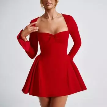 Элегантное мини-платье с бантом и складками, женское платье А-силуэта с длинным рукавом, сексуальное мини-платье с высокой талией, женское вечернее платье для вечеринок S красный