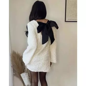 Элегантное мини-платье с бантом на шнуровке и блестками, женская мода, платья с открытой спиной и длинными рукавами, блестки, вечерняя клубная короткая юбка 3XL чёрный