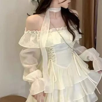 Элегантное мини-платье с длинными рукавами в стиле Лолиты, однотонное короткое вечернее платье, женское повседневное летнее милое цельное платье 2023, корейская мода S теплый белый