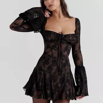 Элегантное мини-платье с открытой спиной и длинными расклешенными рукавами и принтом, женские модные сетчатые плиссированные платья с квадратным воротником, 2024, сексуальные клубные вечерние халаты S бежевый