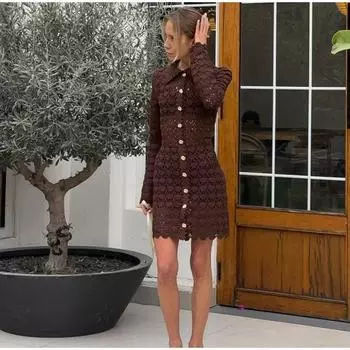 Элегантное мини-платье с вырезом, женское повседневное однобортное женское платье с длинным рукавом и лацканами, весна-лето 2025, уличное однотонное женское платье S коричневый