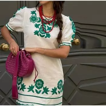 Элегантное мини-платье с вышитым принтом и рукавами-фонариками, женское платье с круглым вырезом и короткими рукавами, волнистые края, летнее женское платье 2024 года, новое S синий