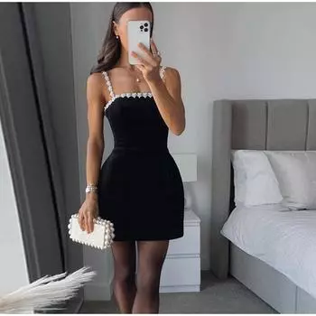 Элегантное мини-платье с жемчужным 3D-цветком, женское облегающее платье без рукавов с квадратным воротником, женское платье 2025 года, весна-лето, уличная одежда S чёрный