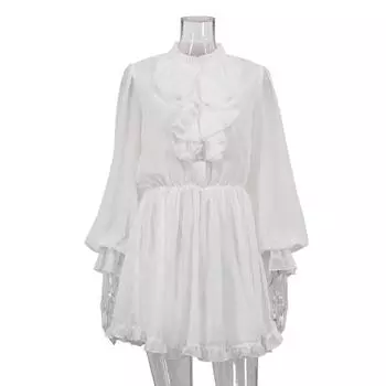 Элегантное мини-платье женское белое с оборками, воротником-стойкой, длинными рукавами, эластичной талией, платье А-силуэта, темперамент, новая мода весна-лето S белый