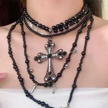 Элегантное многослойное ожерелье на ключицу из черного бисера для женщин - роскошный дизайн класса люкс Multi-Layer чёрный
