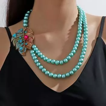 Элегантное многослойное ожерелье в стиле бохо-шик с винтажными стеклянными листьями и цветными стразами — идеально для повседневного наряда или в качестве подарка синий