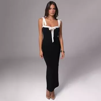 Элегантное модное длинное платье с бантом и подтяжками для женщин, весенний сарафан без рукавов со шнуровкой, женское облегающее вечернее платье-камисоль 2272 S чёрный