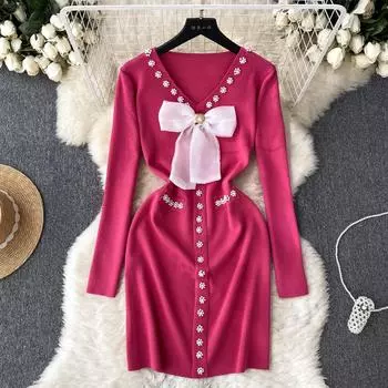 Элегантное модное облегающее платье с бантом и высокой талией, сексуальное вязаное эластичное облегающее платье с длинными рукавами, осенне-зимнее платье-свитер-карандаш One Size абрикосовый