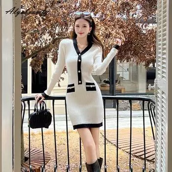 Элегантное Модное Осенне-Зимнее Женское Облегающее Мини-Платье с V-образным Вырезом, Контрастной Расцветкой, Вязаное Платье, Вязаный Женский Свитер, Короткое Платье One Size