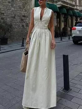 Элегантное модное платье без рукавов на молнии, женские повседневные шикарные плиссированные длинные платья с v-образным вырезом, женские однотонные летние тонкие офисные женские платья L белый