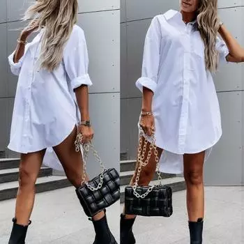 Элегантное модное женское длинное платье-рубашка, женская простая офисная блузка с отложным воротником и пуговицами, женские карманы, повседневные свободные женские топы 368 S белый