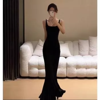 Элегантное модное женское платье-рыбий хвост, новое облегающее платье без рукавов с подтяжками, длинное женское однотонное сексуальное повседневное платье с открытой спиной, одежда 2809 S чёрный