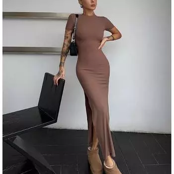 Элегантное облегающее платье с коротким рукавом и разрезом, женское новое летнее облегающее сексуальное облегающее повседневное длинное платье с винтажным воротником-стойкой, женское платье 2802 S чёрный