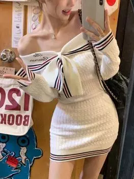 Элегантное облегающее платье в стиле преппи с бантом, женское, осенне-зимнее, милое, с длинными рукавами, трикотажное платье в корейском стиле, повседневное, на бедрах, новинка 2024 года S белый