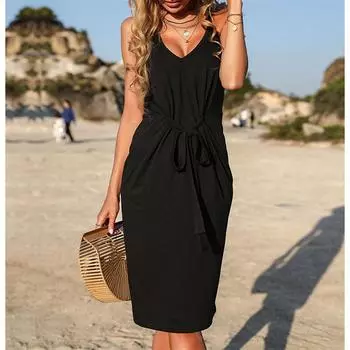 Элегантное облегающее сексуальное женское платье 2022, летние однотонные богемные пляжные платья, женский халат Femme Ladies Vestidos Mujer S чёрный