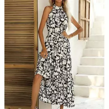 Элегантное облегающее сексуальное женское платье для женщин 2022, летнее платье с открытыми плечами и цветочным принтом в стиле бохо, вечерние платья макси, женский халат Femme Ladies S чёрный