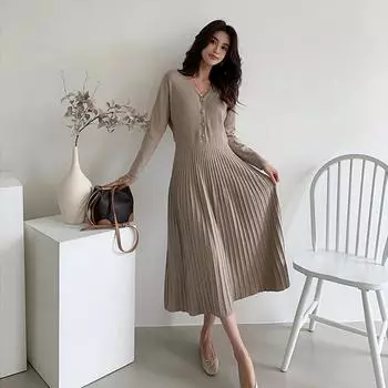 Элегантное однобортное женское платье-свитер с v-образным вырезом, осенне-зимнее вязаное женское платье трапециевидной формы с поясом One Size чёрный