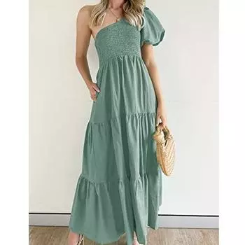 Элегантное однотонное длинное платье с открытыми плечами, женское сексуальное платье трапециевидной формы с диагональным воротником и рукавами-фонариками, халат с высокой талией 26178 S орион