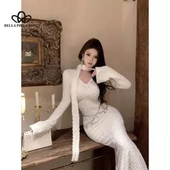 Элегантное однотонное нишевое платье Design Sense с v-образным вырезом, жаккардовое полое сексуальное облегающее платье-рыбий хвост с длинными рукавами XS чёрный