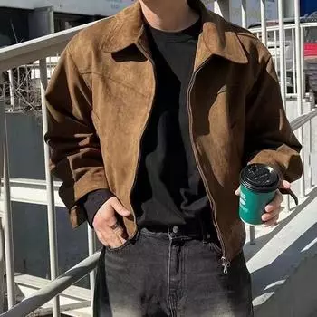 Элегантное однотонное пальто для мужчин, весна-осень, свободная короткая куртка с отворотом на молнии, винтажная уличная куртка-бомбер M чёрный