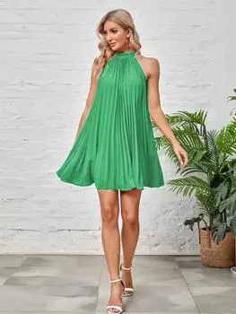 Элегантное однотонное платье без рукавов со стойкой и галстуком-бабочкой S зелёный