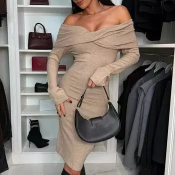 Элегантное однотонное платье с открытыми плечами и облегающим запахом на бедрах, женское сексуальное длинное платье с длинными рукавами, модное платье с высокой талией и драпировкой для вечеринок S чёрный