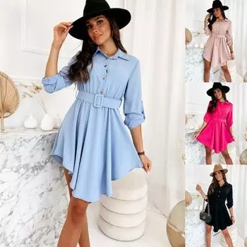 Элегантное однотонное платье с рукавами на пуговицах и завязкой на талии XXL чёрный