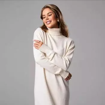 Элегантное однотонное трикотажное платье для женщин, свободная водолазка с длинным рукавом, женский свитер, осень-зима, модный женский трикотаж S чёрный