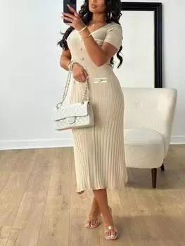 Элегантное однотонное вязаное длинное платье с v-образным вырезом, женское летнее винтажное облегающее платье с короткими рукавами и пуговицами, модные шикарные эластичные карманы, офисные женские туфли L абрикосовый