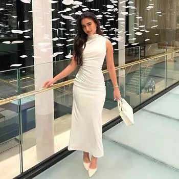 Элегантное однотонное женское платье с высоким воротником и оборками без рукавов, с разрезом на молнии и запахом, женские платья макси, весна-лето 2024, новый женский халат XS белый