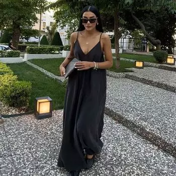Элегантное однотонное женское платье-слинг с V-образным вырезом, без рукавов, с открытой спиной, свободное, драпированное, женское длинное платье, летнее модное женское платье XS чёрный