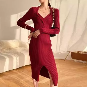 Элегантное офисное женское облегающее вязаное платье, женское сексуальное волнистое однотонное вечернее платье с v-образным вырезом, осень-зима, облегающее платье до колена с длинными рукавами S вино красного