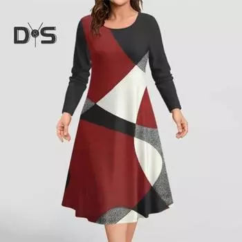 Элегантное осенне-зимнее платье миди с круглым вырезом и длинными рукавами, платье А-силуэта, женское винтажное платье с принтом, уличная одежда 3XL чёрный