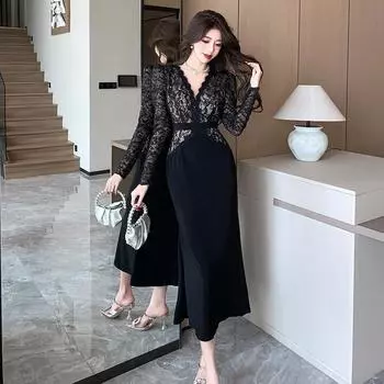 Элегантное осеннее вечернее платье «рыбка» из французского кружева - в стиле Хепберн L чёрный