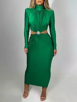 Элегантное открытое сексуальное платье макси женское новое водолазка с длинным рукавом винтажное клубное платье женский модный дизайн вечерняя одежда S зелёный