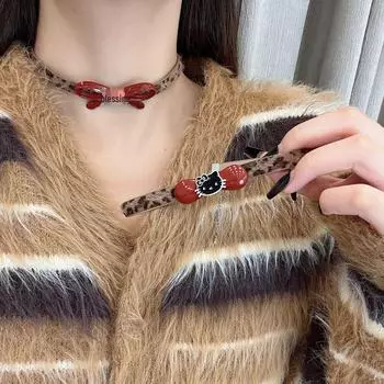 Элегантное ожерелье Ankara Black Kitten с красным бантом - уникальный осенний дизайн N1324 Bow KT Cat Brown Leopard Necklace коричневый/леопардовый