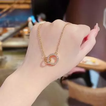 Элегантное ожерелье из титановой стали с двойным кругом и бриллиантами для женщин X773 золотой