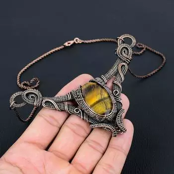Элегантное ожерелье ручной работы с драгоценным камнем «Тигровый глаз» из чистой медной проволоки, ювелирные изделия 18 Inches жёлтый