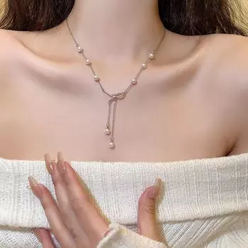 Элегантное ожерелье с бантом и жемчужной кисточкой из титановой стали X1298 серебряный