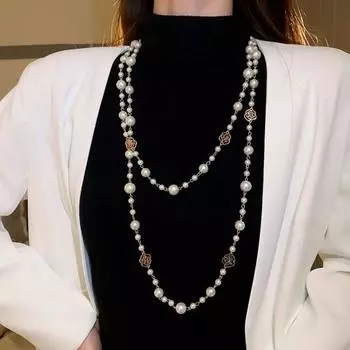Элегантное ожерелье-свитер с искусственным жемчугом, многослойное платье с цветочным сплавом, ожерелье, длинное стильное ожерелье, аксессуары белый