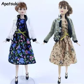 Элегантное пальто и деревенское платье с цветочным принтом для куклы Барби, комплект одежды ручной работы для куклы 1/6, аксессуары для детской игрушки белый
